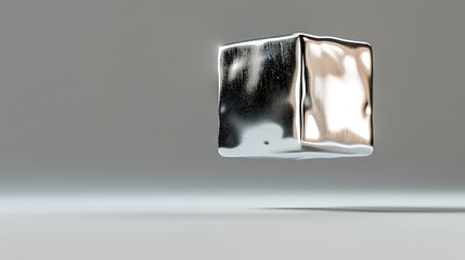 A shimmering silver cube hovering in mid-air against a soft gray background