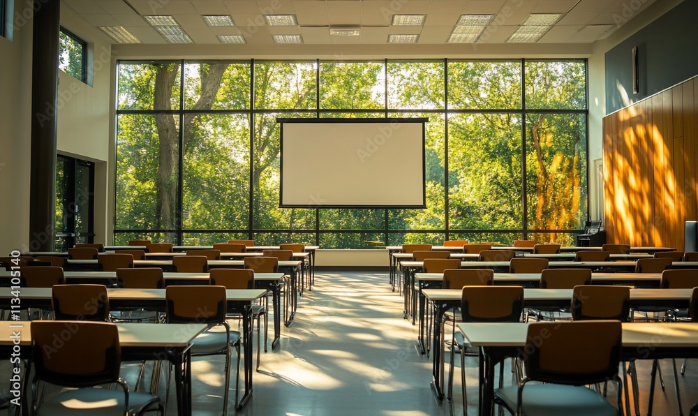 Poster bright classroom with large windows overlooking greenery and a projector screen.