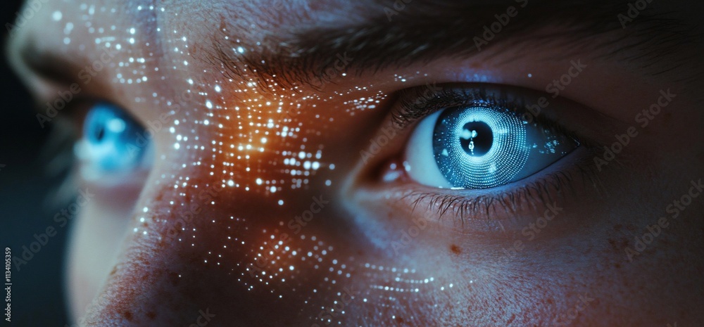 Poster close-up of a person's eye with digital patterns and glowing effects.