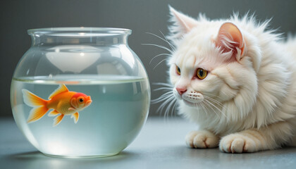 Curious white cat observes goldfish swimming in bowl on table with soft natural lighting indoors