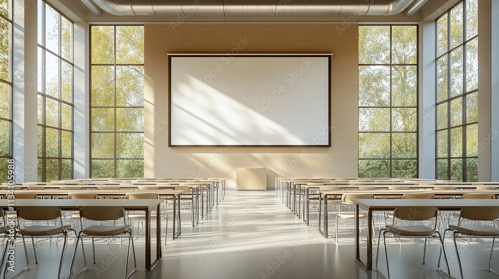 Poster Modern classroom with large windows and a projector screen.