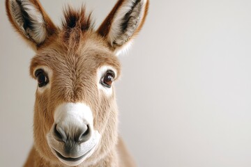 Fototapeta premium A close-up of a donkey with a friendly expression against a neutral background.