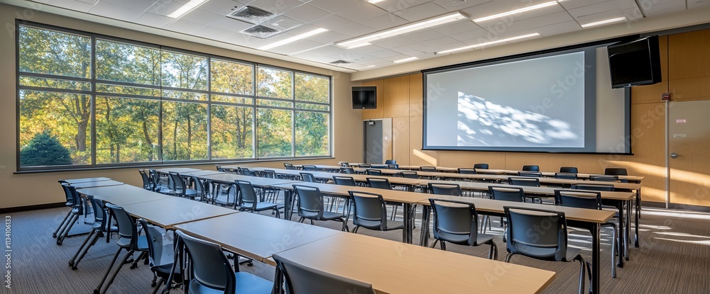 Poster Modern classroom with large windows and a projector screen for presentations.