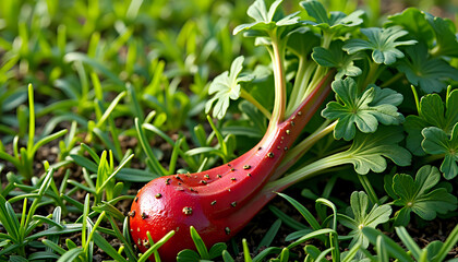 a red shoe in the grass with green plants growing in the background