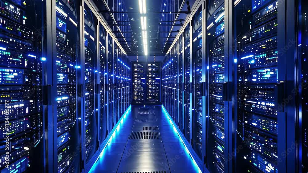 Poster a massive room filled with multiple rows of servers that are actively processing data, a three-dimen