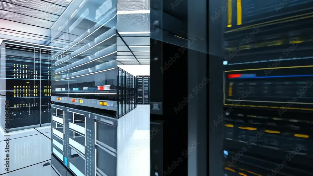 Poster this video captures a bustling room packed with numerous servers dedicated to storing and processing
