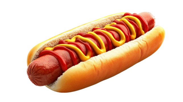 Hot dog with ketchup and mustard, isolated on a white background. isolated on a transparent background. PNG format for graphic design.