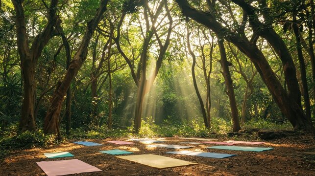 A serene yoga session in the forest, with participants practicing asanas on colorful mats under a canopy of trees. The scene captures a harmonious connection with nature, with rays of sunlight 
