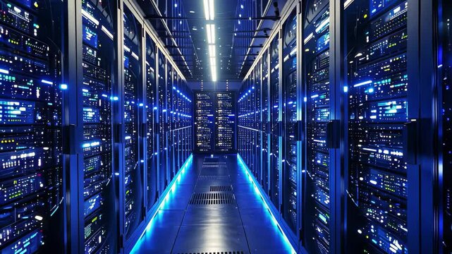 A massive room filled with multiple rows of servers that are actively processing data, A three-dimensional representation of a large scale server
