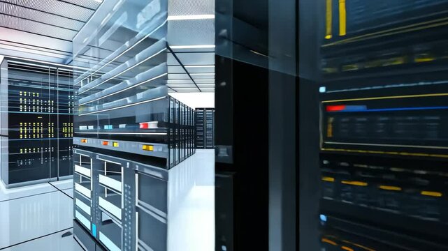 This video captures a bustling room packed with numerous servers dedicated to storing and processing data, A three-dimensional representation of a large scale server
