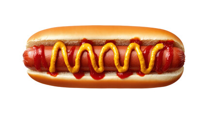Top view Hot dog with ketchup and mustard, isolated on a white background. isolated on a transparent background. PNG format for graphic design.