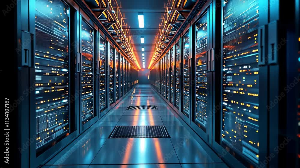 Poster a long hallway filled with neatly arranged rows of servers, providing efficient data storage and pro