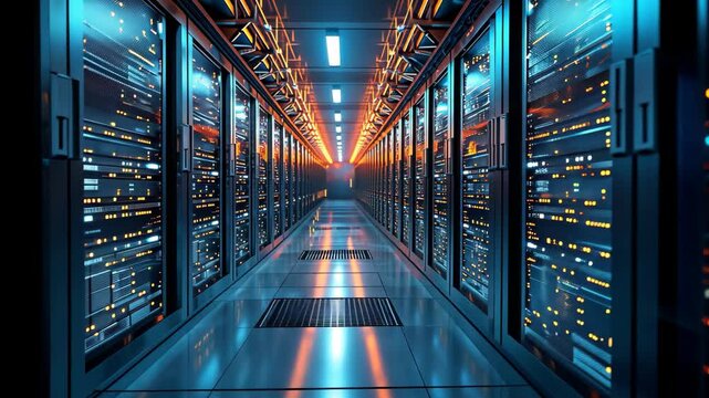 A long hallway filled with neatly arranged rows of servers, providing efficient data storage and processing capabilities, A three-dimensional representation of a large scale server