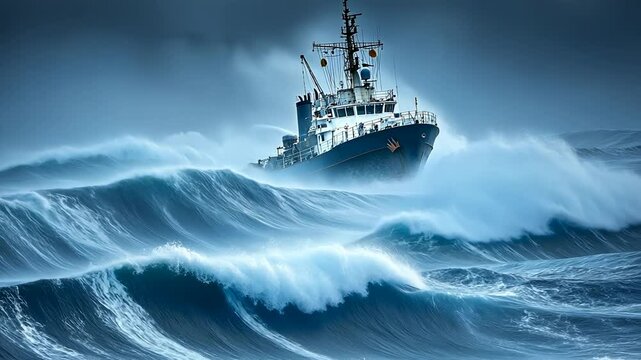 Stranded Ship Battling Stormy Seas with Dark Clouds Above