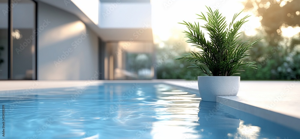 Poster tranquil poolside scene with a potted plant and modern architecture.