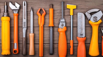 A collection of various tools with orange handles displayed on a wooden surface, showcasing a range of equipment for DIY and repair tasks.
