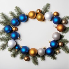 Elegant display featuring blue and gold Christmas balls on a white backdrop in a flat lay top view with copy space image