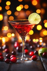 A vibrant cocktail in a martini glass garnished with a lime, surrounded by cranberries and lights.
