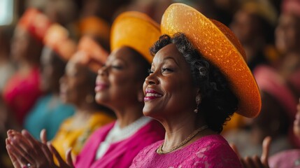 Women in vibrant orange hats attending a festive ceremony