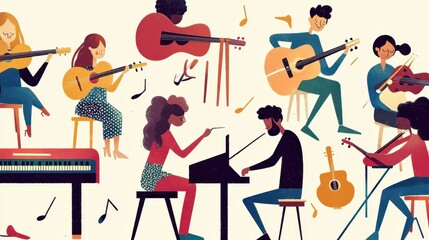 People of all ages learning to play musical instruments, showcasing the joy of mastering a new skill with dedication and focus. The scene highlights the enthusiasm of beginners experimenting 
