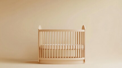 A curved baby crib in pale birch wood, surrounded by empty space on a soft, cream-toned background