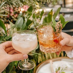 Two cocktails held up in a toast surrounded by green plants in a garden