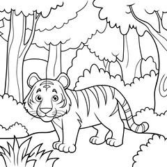 Cute Cartoon Tiger Cub in Lush Forest Coloring Page
