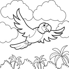 Flying Macaw Parrot Coloring Page Tropical Bird Jungle Clouds