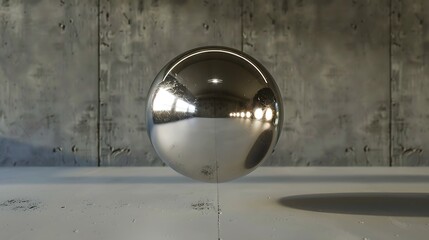 A shiny metallic sphere reflecting sunlight, suspended in mid-air against a gray background