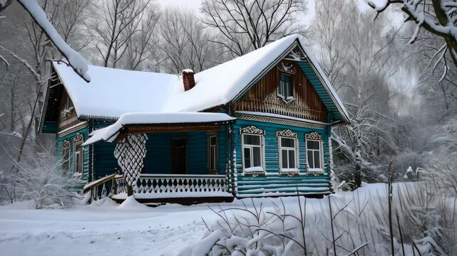 A house nestled amidst the snowy trees of a remote forest, A traditional Russian dacha in winter