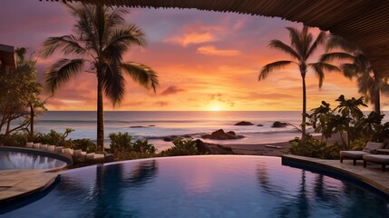 Fototapeta premium Breathtaking view of a luxurious infinity pool overlooking a stunning tropical ocean at magical sunset The serene scene offers a peaceful and calming oasis perfect for a dream vacation