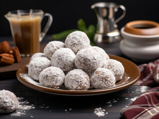 Fototapeta premium Chocolate Balls with Powdered Sugar on a Plate