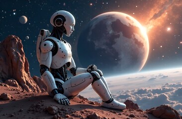 Naklejka premium Cosmic Surreal banner with Cyborg on the mars. Alien planet. Modern robot on the earth planet. Futuristic background template design. Web banner. Time travel