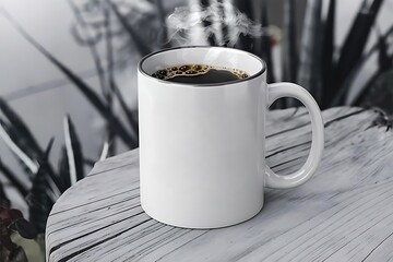 Blank enamel coffee mug, white camping cup mockup in wild nature.
