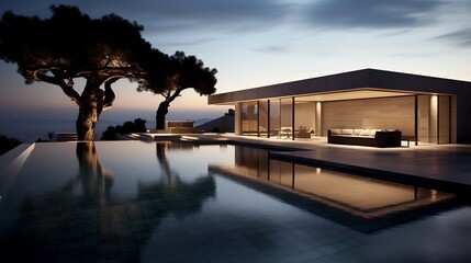 Serene pool surrounded by stunning modern architecture and minimalist outdoor design creating a peaceful oasis in an urban setting