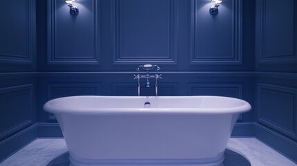 Fototapeta premium Elegant, modern, and sophisticated bathroom interior with a classic, freestanding bathtub. Dark blue paneled walls, marble flooring, and muted lighting create a relaxing ambiance.