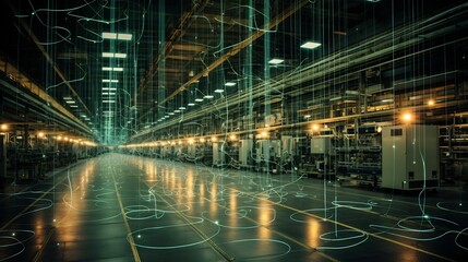 Obraz premium A networked smart factory with glowing data lines illustrating the connectivity and digital transformation of modern industrial and automation processes
