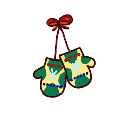 a red bow hanging on a Christmas mitten with green and yellow stripes