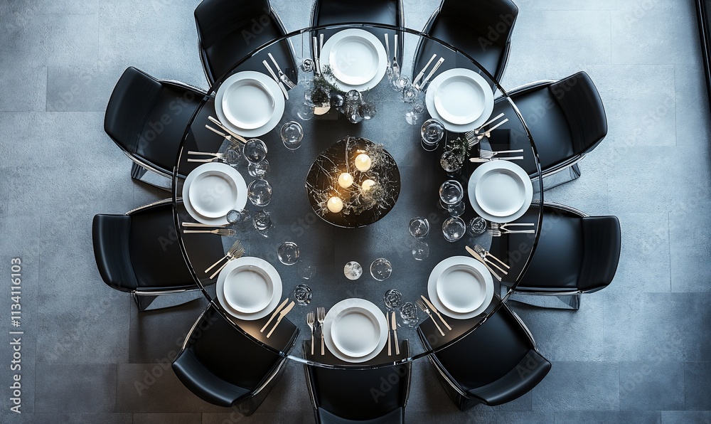 Poster A modern dining setup with a round glass table and elegant tableware.
