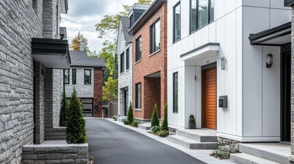 Fototapeta premium Stylish brick and white houses with minimalist designs, clean lines, and elegant entrance doors.