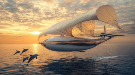 Futuristic airship sailing over ocean with dolphins at sunset.