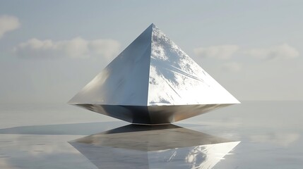 A shiny silver pyramid hovering in mid-air above a calm gray surface
