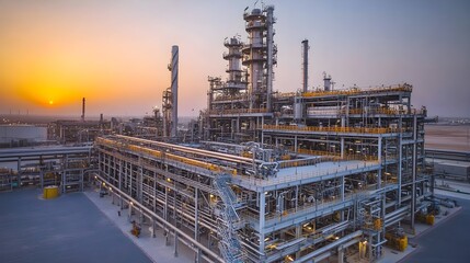 Fototapeta premium A high-tech fuel refinery plant with intricate pipelines and advanced machinery, showcasing a sleek and modern industrial design under clear skies 
