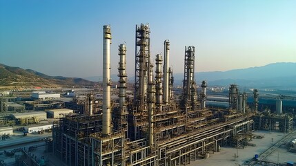 Naklejka premium A high-tech fuel refinery plant with intricate pipelines and advanced machinery, showcasing a sleek and modern industrial design under clear skies 