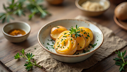 small dishes of food on a wooden table