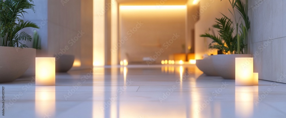 Poster a serene hallway illuminated by soft lights and adorned with plants.