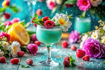 Festive teal backdrop showcases a frosty drink and pastel blooms, perfect for holiday tabletop photography.