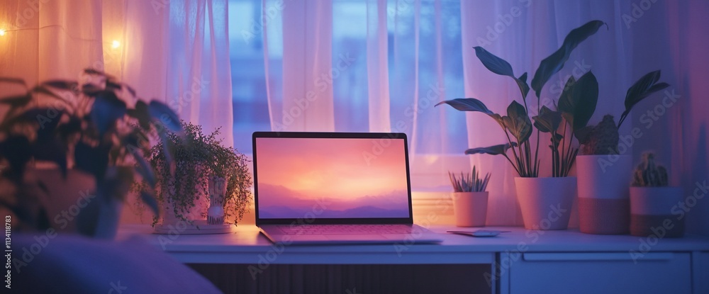 Poster a serene workspace with a laptop and plants, illuminated by soft evening light.