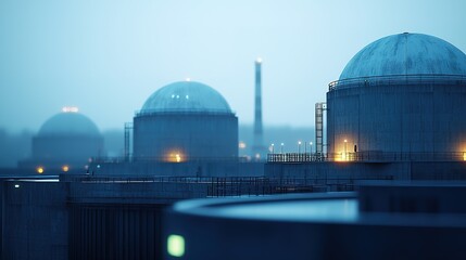 Obraz premium A moody, industrial scene featuring large dome structures, likely related to a power plant, under soft blue lighting.