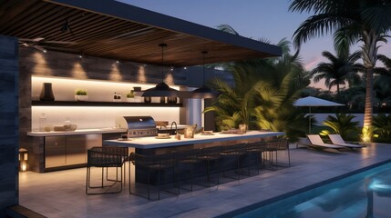 Inviting Outdoor Kitchen and Barbecue Setup in a Lush Backyard Oasis Perfect for Alfresco Dining Entertaining and Relaxing with Family and Friends